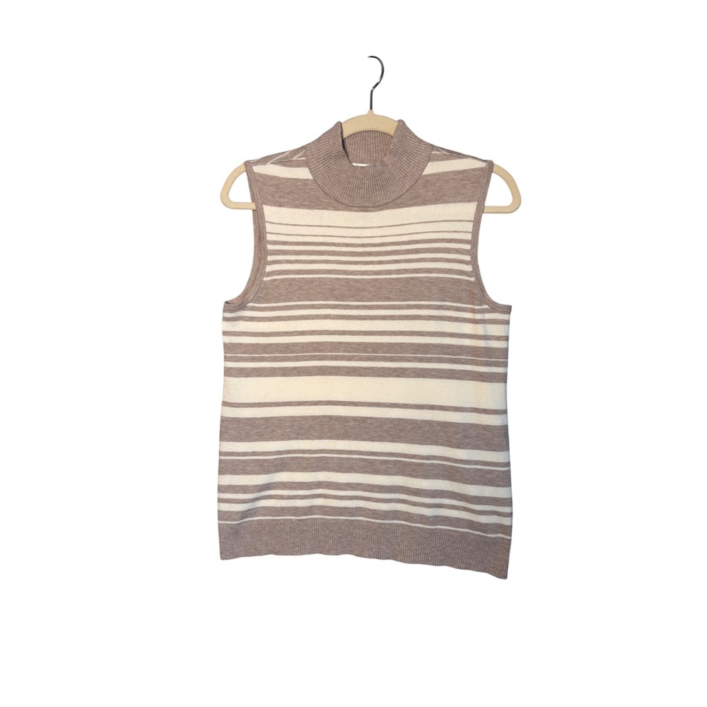 Chico's Size S Sweater Vest Tan Striped Mock Neck Cashmere Blend Minimalist